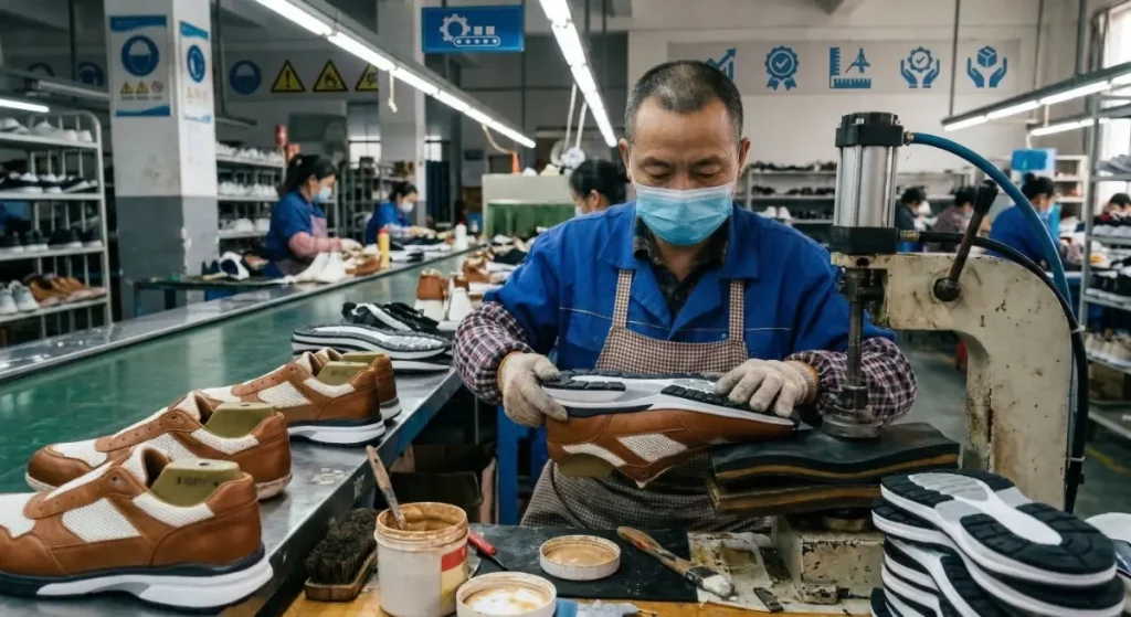 A factory worker wearing a face mask, gloves, and apron uses a manual machine to precisely press a complex black and white outsole onto a brown and white leather sneaker upper. Adhesive pots, brushes, and stacks of sole components are on the workbench. Other workers are in the background of the well-lit manufacturing line.