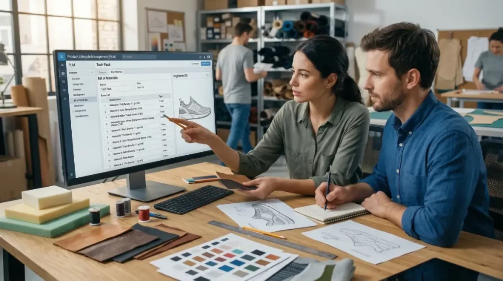 Two designers collaborating at a wooden desk with a large computer screen displaying a footwear 'Tech Pack' in a PLM system. The woman points at the screen, and the man takes notes, surrounded by shoe sketches, material swatches, and color charts in an industrial design studio.