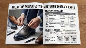 A glossy high-end lifestyle magazine spread laid open on a polished walnut desk. The left page is a rich photo of hands in a suit tying a premium Oxford dress shoe. The right page features a structured infographic summary table of six knots (Standard, Bunny Ears, Ian, Surgeon's, Heel Lock), a "Granny vs. Square" diagram, and a section on performance lacing with a quoted note about high arches. Clean typography and graphic icons replace the previous image's content.