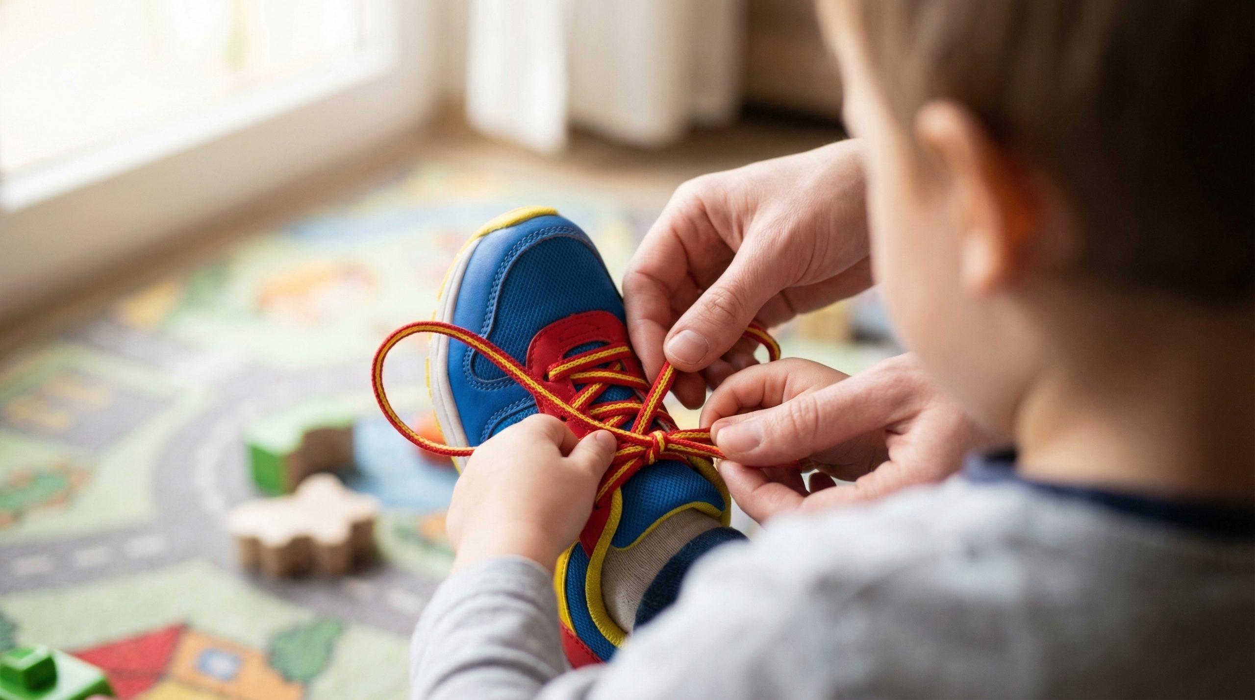 child adult hands shoe lacing