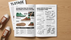 A magazine editorial spread for TLSTAGE lying flat on a table, featuring realistic footwear design sketches and annotated guides for shoe anatomy.