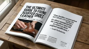 A high-quality photograph of an open glossy magazine on a wooden table, featuring an article titled 'The Ultimate Guide to Fixing Scuffed Leather Shoes' with steps, tools, and a technician's quote.