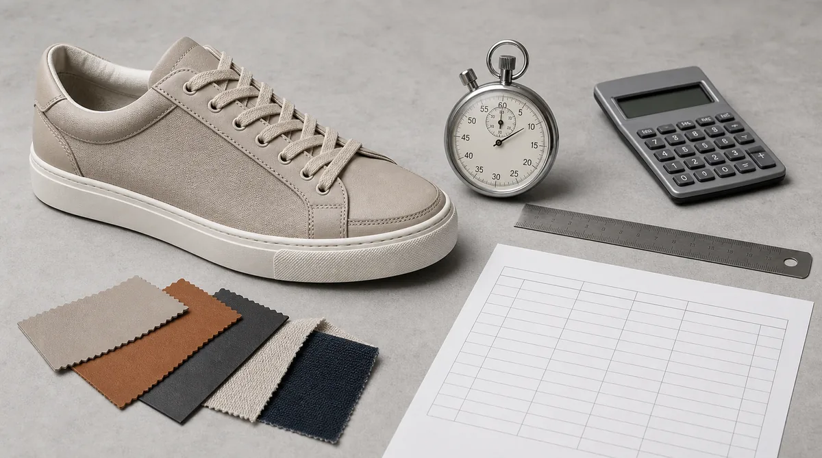 An unbranded shoe, stopwatch, calculator, ruler, and blank operation sheet arranged for labor costing.