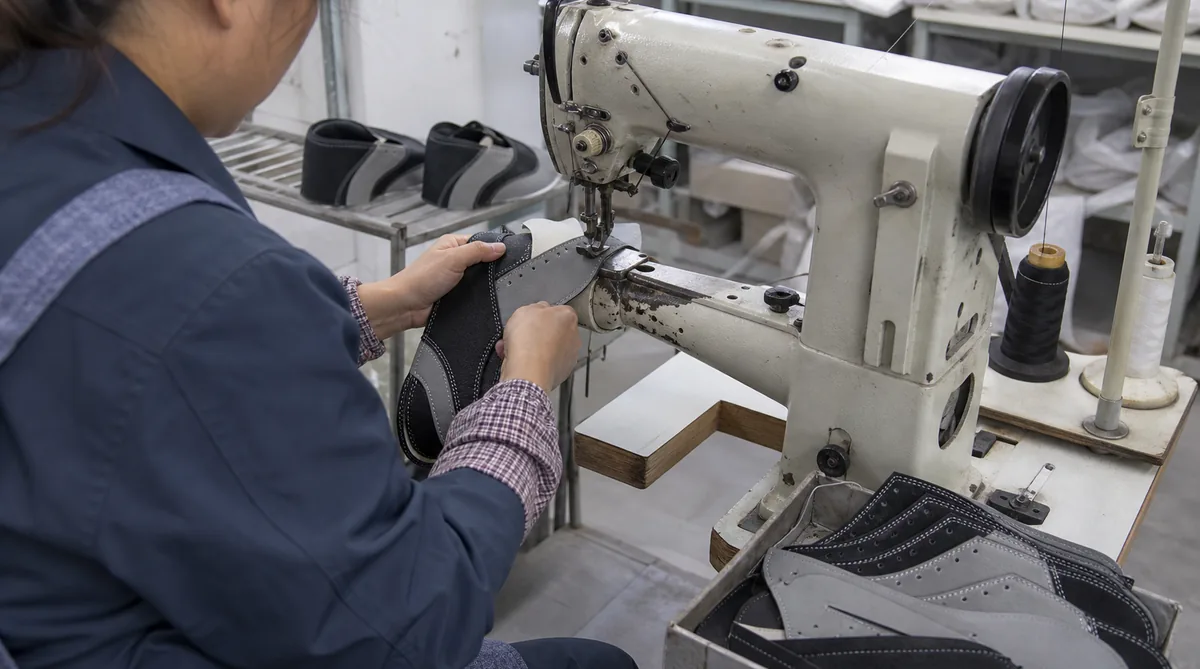 A footwear operator guides a partially assembled upper through an unbranded post-bed sewing machine.