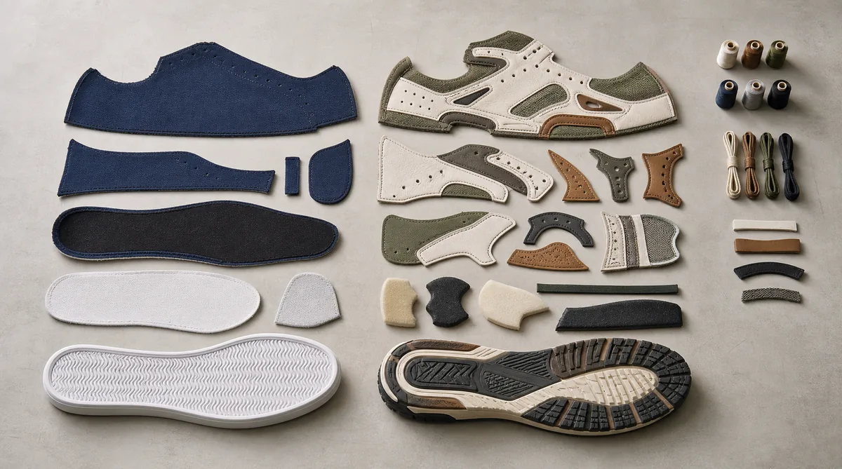 Simple and complex shoe-upper component layouts compare panel count, reinforcements, trims, and material handling.