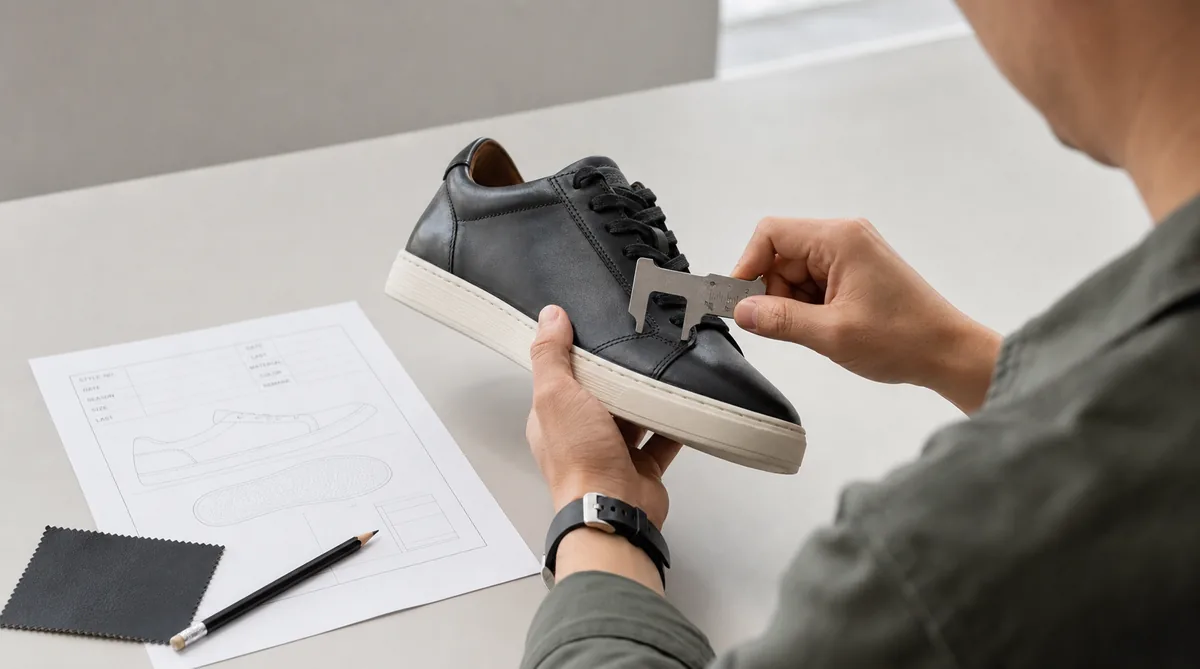 A sourcing professional measures an unbranded shoe seam against a specification sheet during sample review.