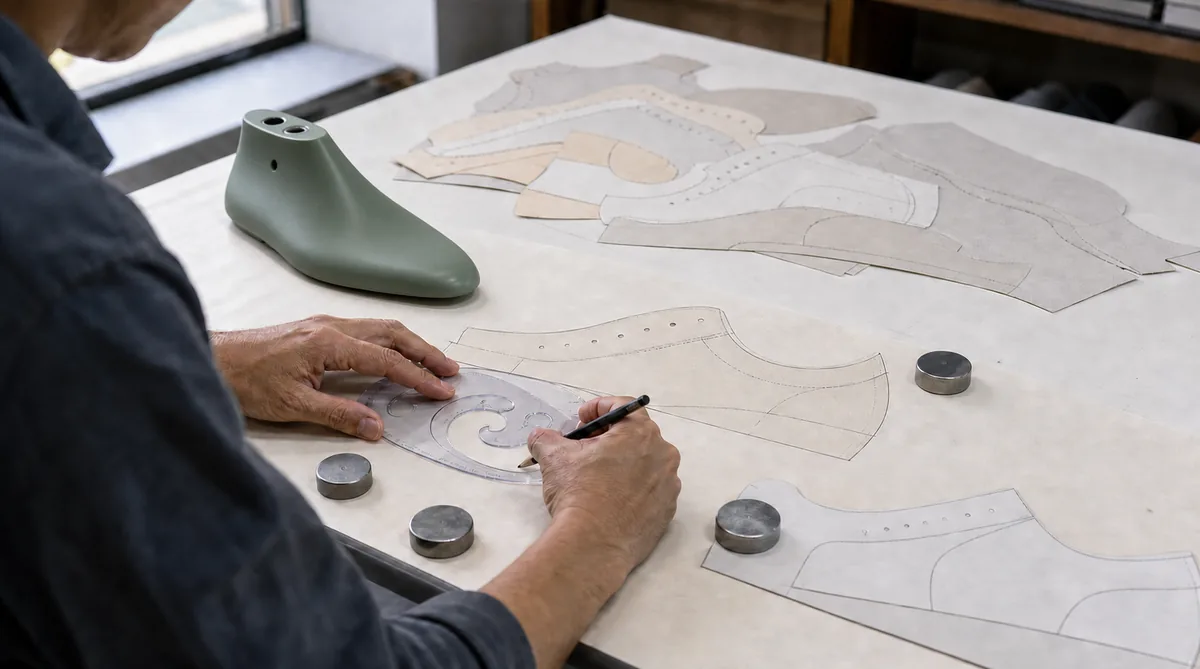 A footwear pattern engineer simplifies paper upper pieces beside a shoe last using a pencil and French curve.