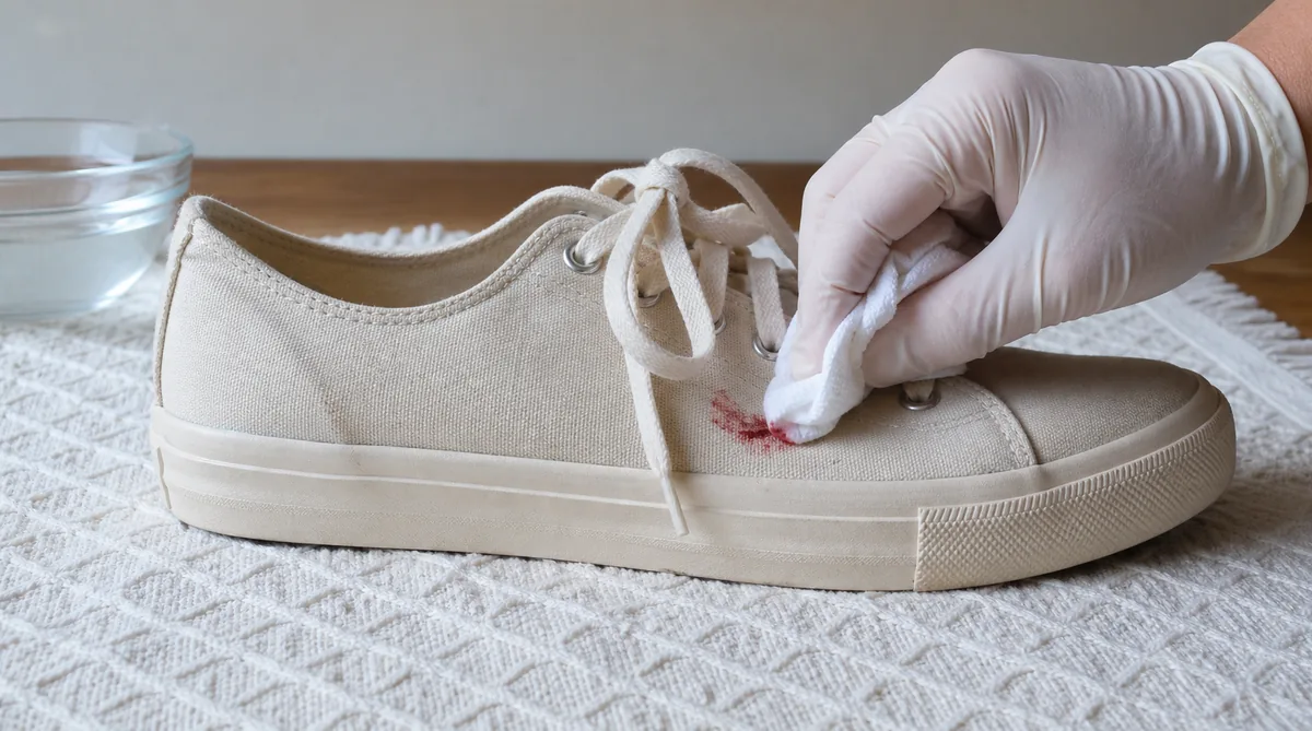 A cloth presses over a fresh red blood mark on a supported white mesh sneaker.