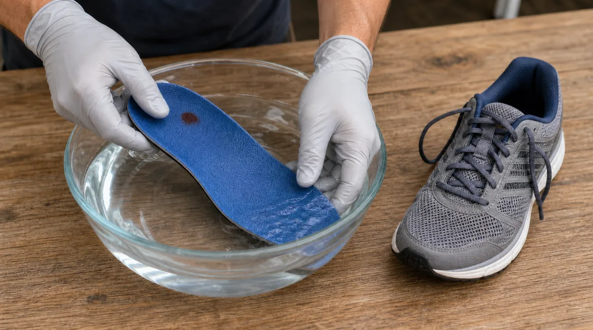 A stained removable athletic insole rests in cold water beside its matching shoe.