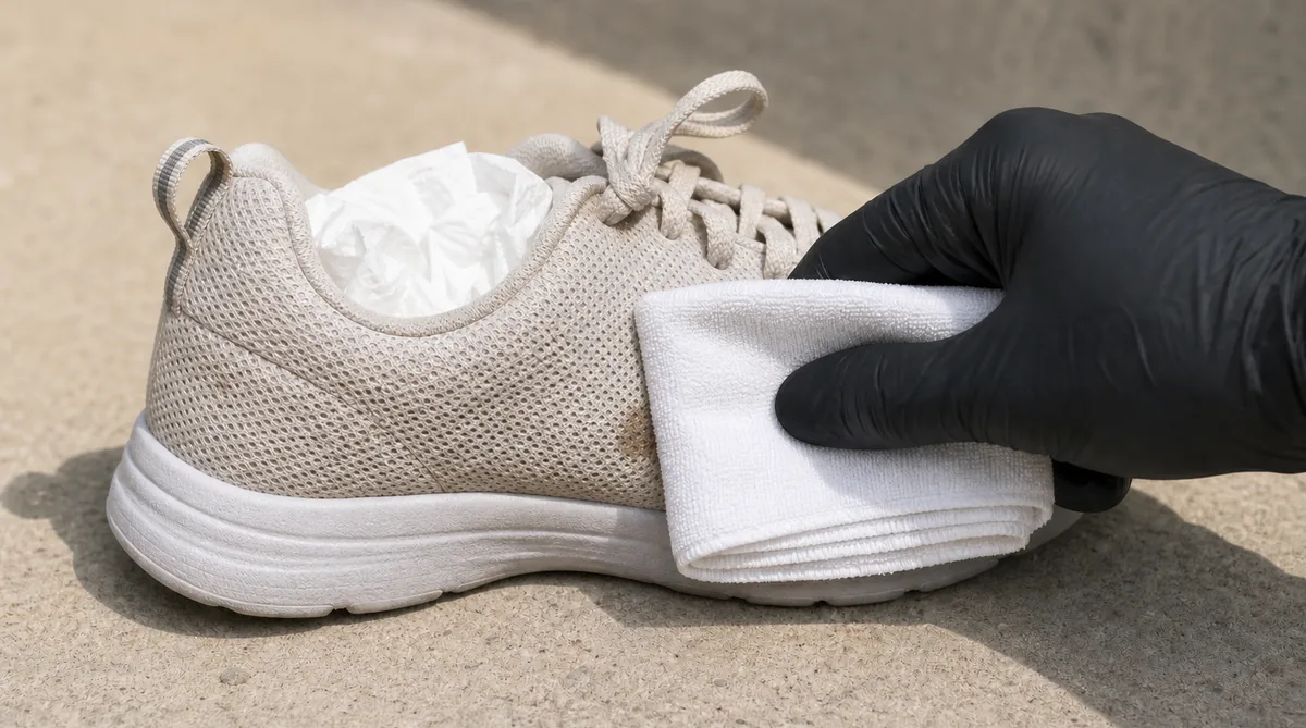 A white cloth covers a returned brown mark on a paper-supported shoe.