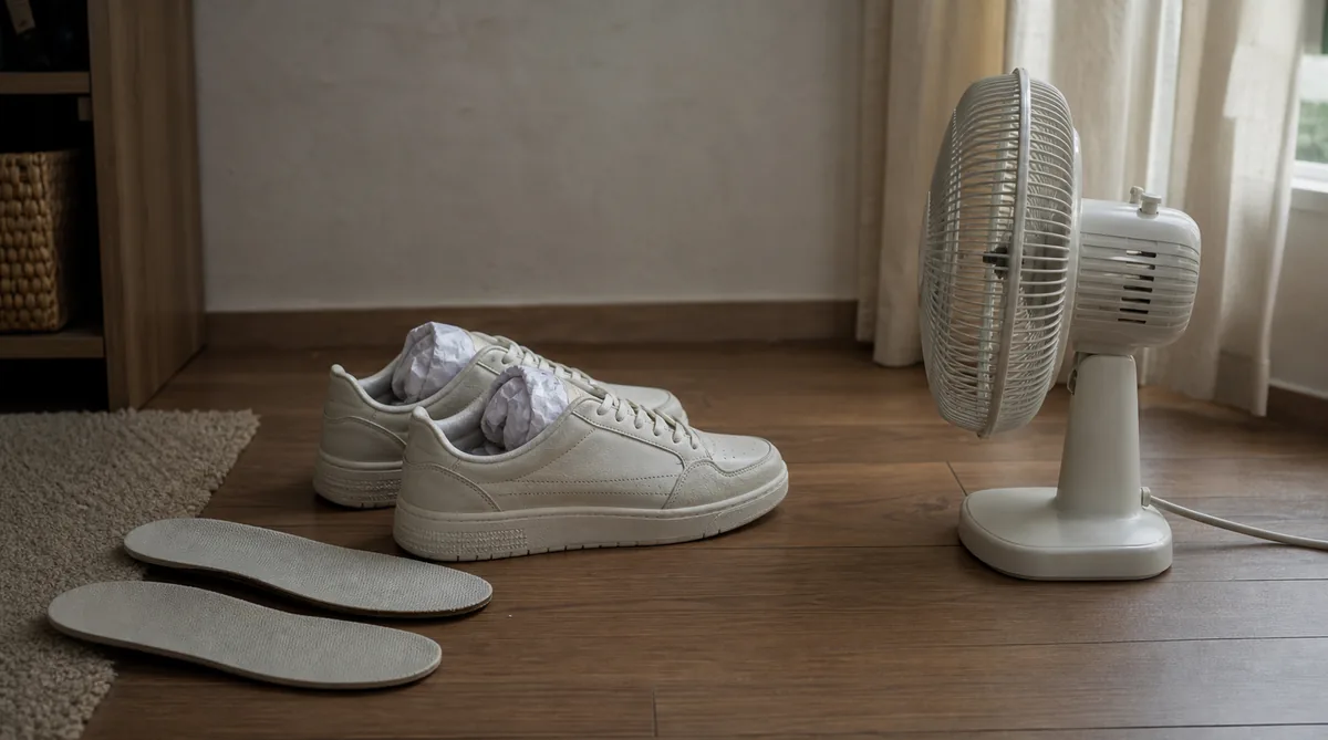 Paper-stuffed shoes and flat insoles dry beside a room fan.